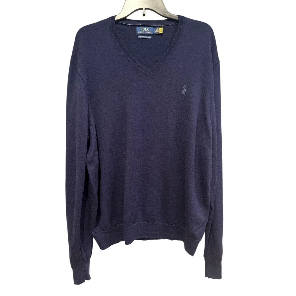 Polo Ralph Lauren V Neck Washable Merino Wool Sweater Navy Blue Men's XL‎